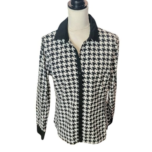 Worthington Black and White Houndstooth Design Long Sleeve Blouse in Size 8 - Picture 1 of 5